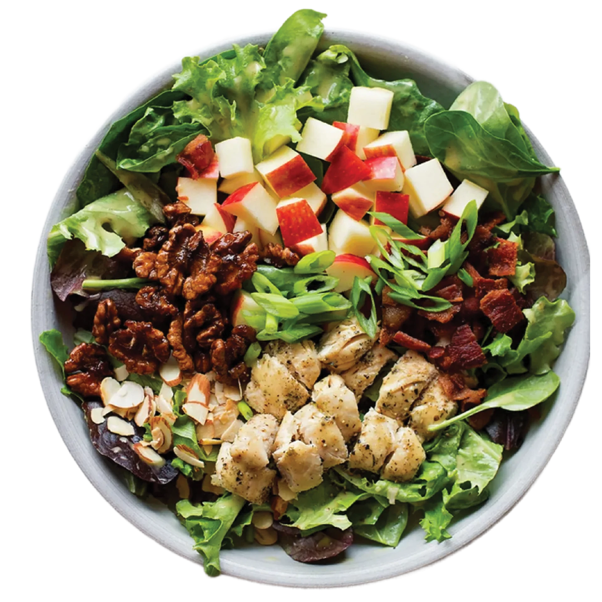Apple harvest salad with grilled chicken, walnuts, bacon and greens.