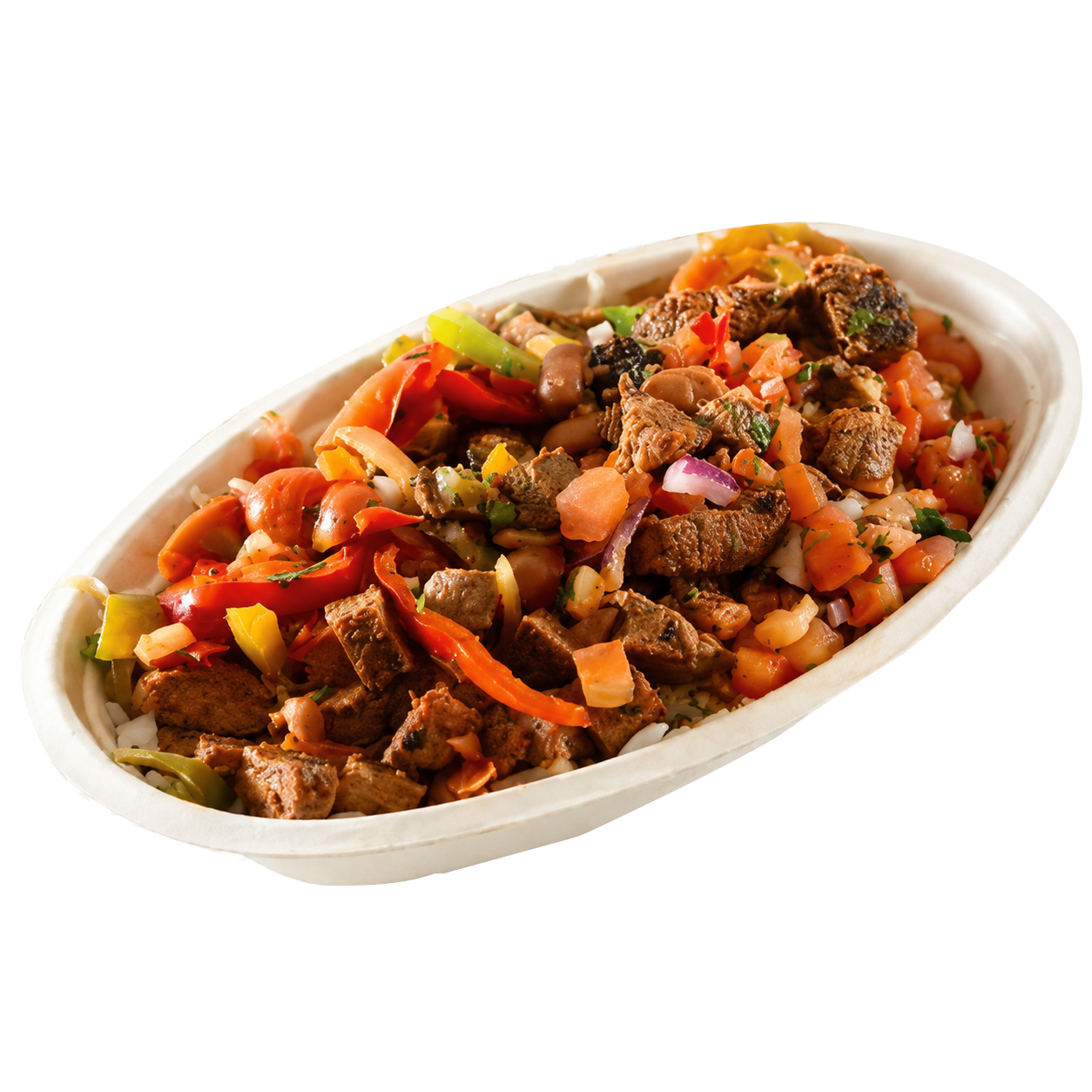 Loaded grilled chicken bowl with rice, peppers, beans, and fresh salsa.