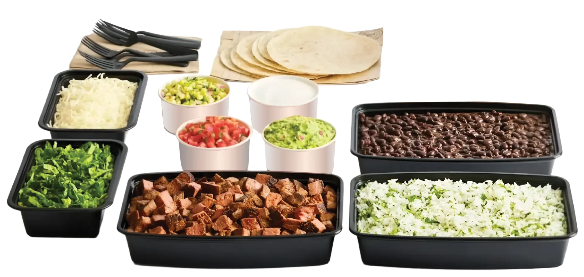 Catering trays with barbacoa, cilantro rice, black beans, cheese, lettuce, salsas, guacamole and tortillas.