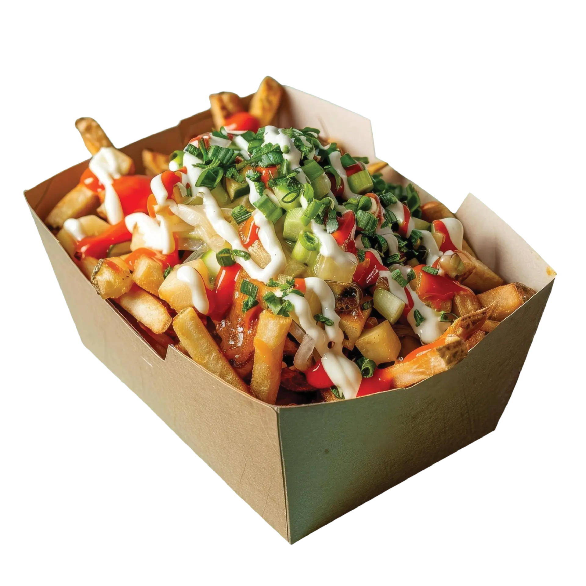 Loaded fries topped with sauce, vegetables, and savory meat.