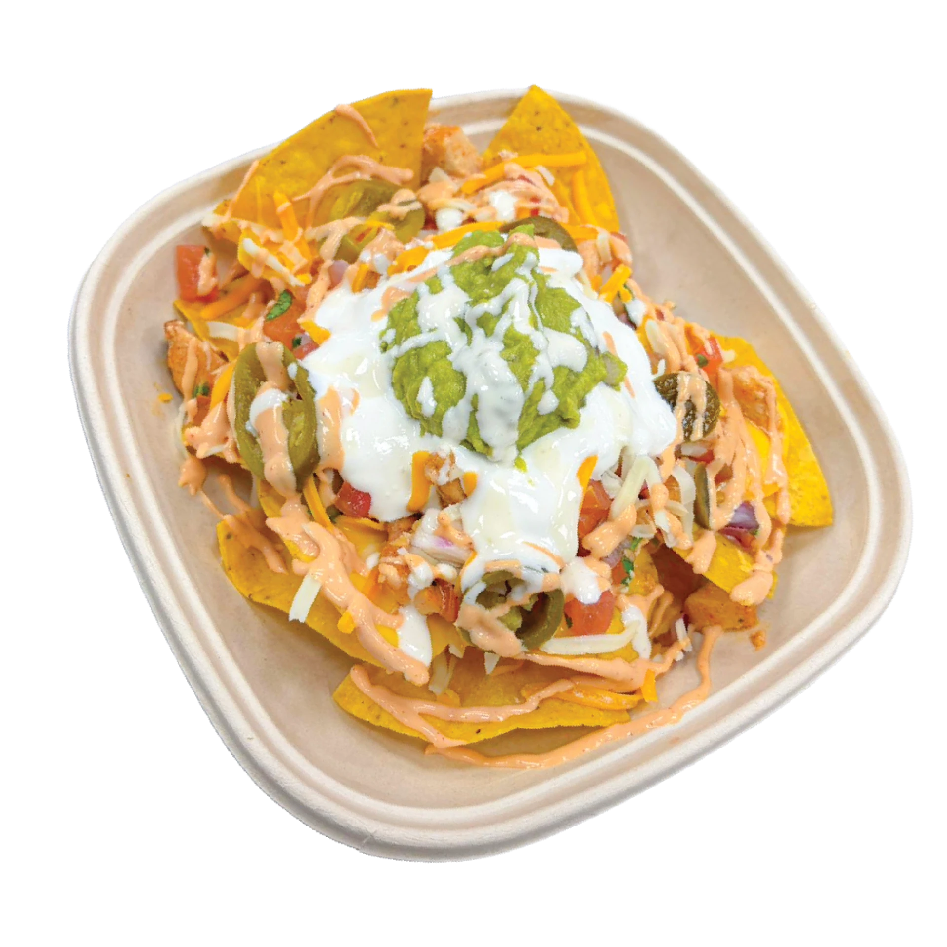 Loaded nachos with cheese, jalapenos, guacamole and sour cream.