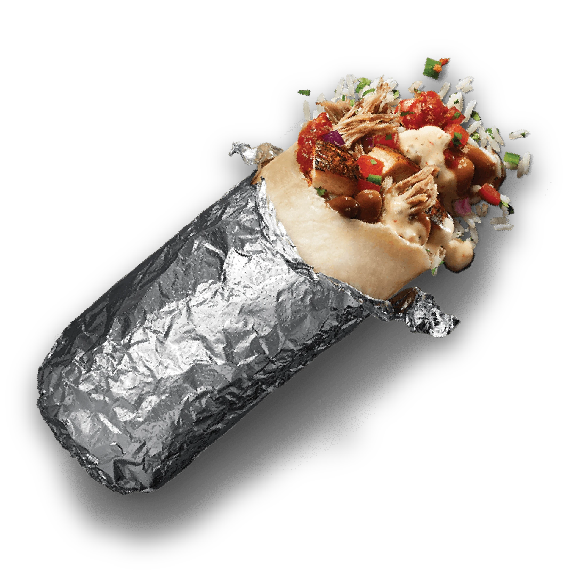 Foil-wrapped burrito loaded with chicken, rice, beans and salsa.