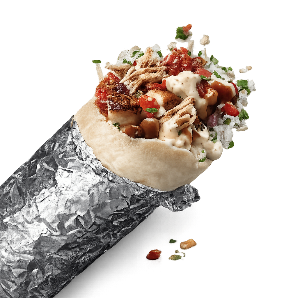 Stuffed burrito with beans, salsa, and creamy sauce.